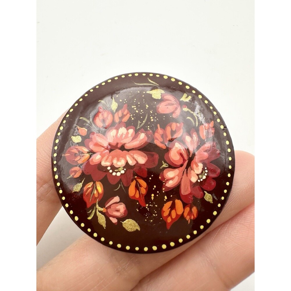 Vintage Russian Hand Painted Flowers on Circular Wooden Brooch Pin
